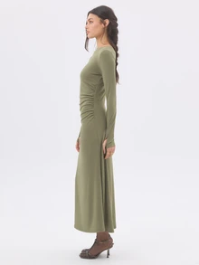 KÆRIA Hus Ruched Column Maxi Dress - Sculpted Textured Jersey - Dusted Olive - Going Out, Bodycon, Minimalist - Olive Green - View 4
