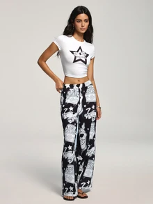 SCOOBY-DOO X SHEIN Women's Sexy Cropped Top And Cartoon Print Long Pants 2 Pieces Set - Black and White - View 4