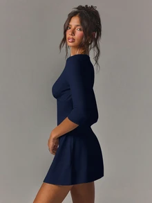 Athîral Women's Casual V-Neck Elastic Mid-Sleeve Backless Short Dress, Date Outfit, Party Outfit, Everyday Outfit - Royal Blue - View 6