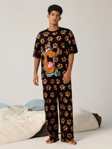 SCOOBY-DOO X SHEIN Men's Round Neck Short Sleeve Top And Long Pants Loungewear Set - Coffee Brown - View 4
