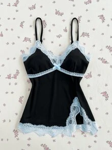 Sunspun Plus Size Summer Elegant Contrast Color Lace Trim Slit Cami Camisole - Multicolor - View 8
