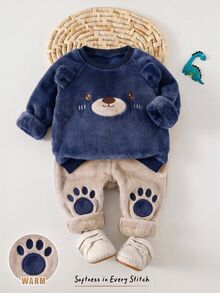 Cozy Pixies 男嬰卡通動物印花抓絨內裡加厚圓領長袖套頭衛衣與鬆緊腰長褲2件套，舒適親膚百搭簡約時尚，適合室內、戶外、日常、運動、玩耍、派對、拍照、假期、聖誕節，恐龍造型男嬰套裝 - 藏蓝色 - 查看 4