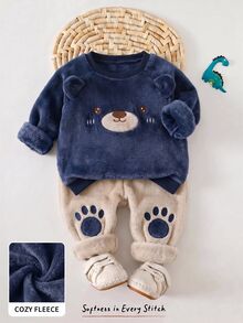 Cozy Pixies 男嬰卡通動物印花抓絨內裡加厚圓領長袖套頭衛衣與鬆緊腰長褲2件套，舒適親膚百搭簡約時尚，適合室內、戶外、日常、運動、玩耍、派對、拍照、假期、聖誕節，恐龍造型男嬰套裝 - 藏蓝色 - 查看 1