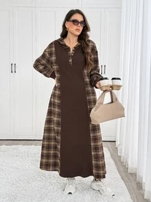 Easowa Curve Plus Size Women's Plaid Casual Party & Travel Dress - Chocolate Brown - View 1