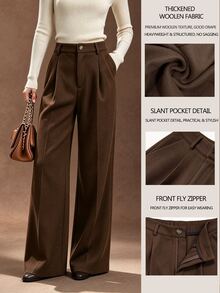 SHEIN Women's Solid Color Pleated Straight Leg Loose Casual Commute Pants - Chocolate Brown - View 1