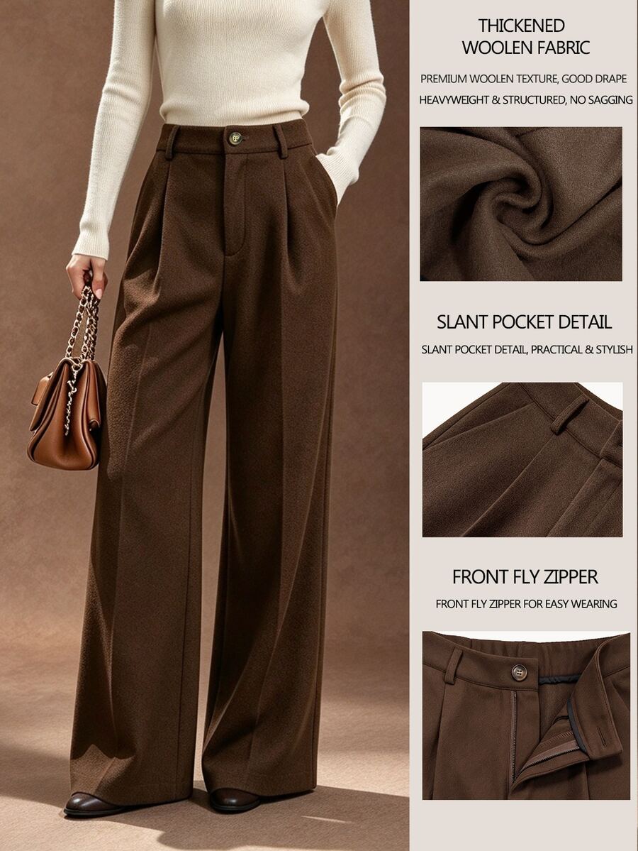 SHEIN Women's Solid Color Pleated Straight Leg Loose Casual Commute Pants - Chocolate Brown - View 1