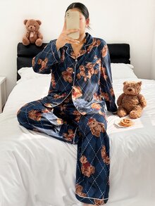 Napfluff CURVE Napfluff CURVE Plus Size Lapel Cardigan Plaid Teddy Bear Print Long Sleeve Long Pants Pajama Set - Multicolor - View 5