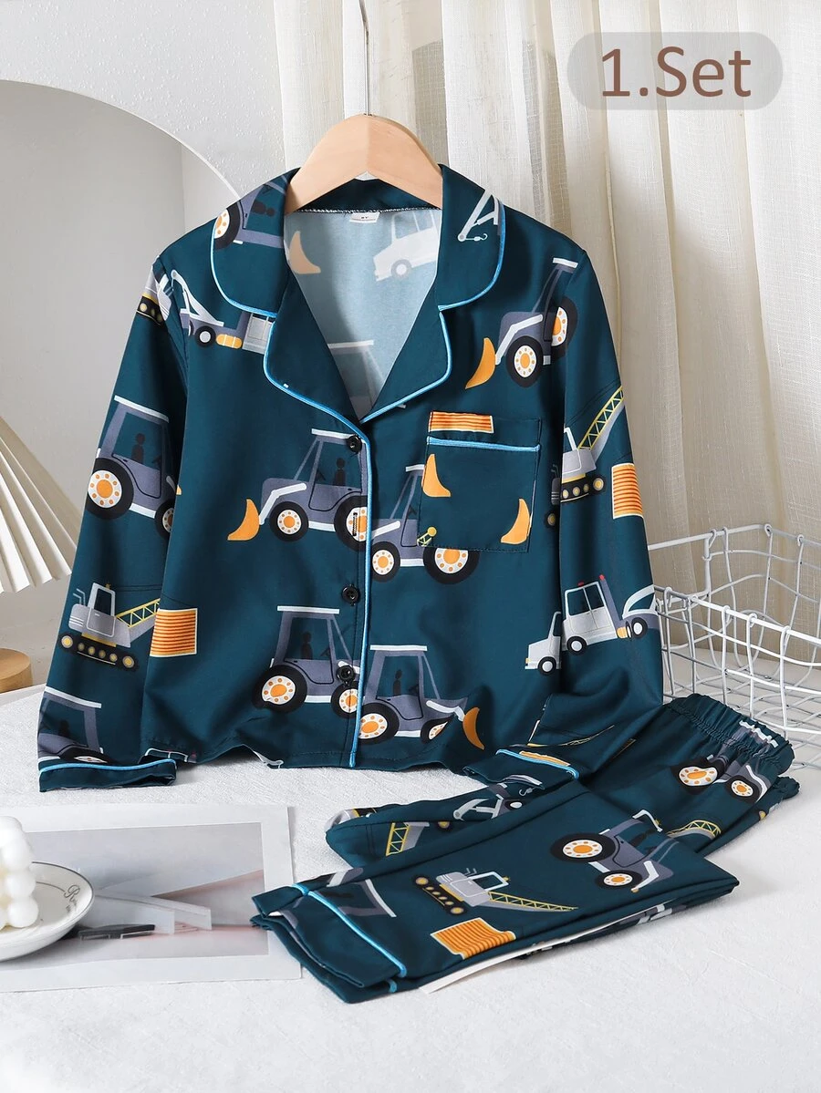 2pcs/Set Boys' Knit Lapel Cardigan Top With Construction Vehicle Print And Casual Long Pants, Home Wear Outfit - Navy Blue - View 1