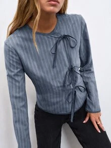 Nöista Piping Contrast Light Jacket With Ties - Dusty Blue - View 3