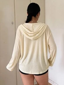 Vibekara 休閒優雅極簡風連帽寬鬆顯瘦套頭內搭T恤，大尺碼女款，秋冬灰色 - 杏色 - 查看 2