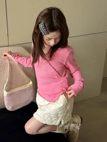 DAZY 青少年女孩純色休閒百搭日常長袖T恤 秋季 - 玫紅色 - 查看 1