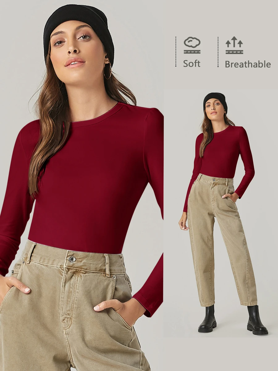 SHEIN BASICS 女款經典酒紅色長袖襯衫,柔軟透氣圓領百搭上衣,適合日常、夜生活、秋季休閒穿搭 - 酒紅色 - 查看 1
