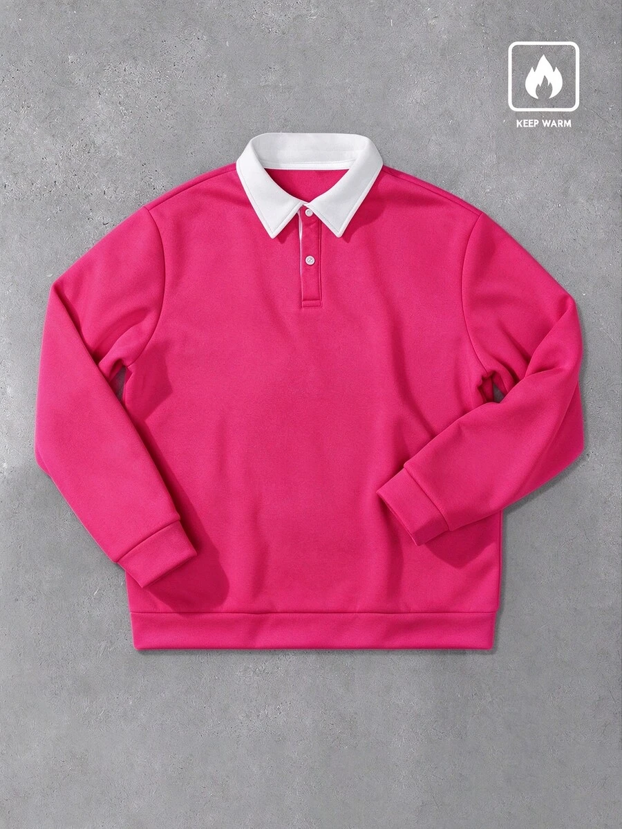 Manfinity Roghcode 男士寬鬆版對比領 Polo 領長袖運動衫,橄欖球衫風格 Polo 毛衣,適合秋冬穿著 - 粉色 - 查看 1