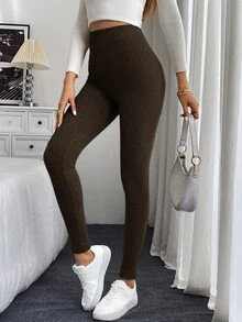 SHEIN LUNE 2件組女款秋冬修身提臀百搭棕色與黑色高腰羅紋加絨內裡內搭褲 - 彩色 - 查看 9