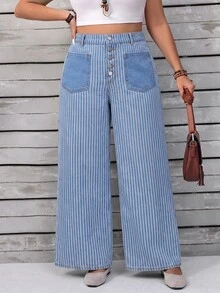 Selenza Plus Size Designer Button Striped Colorblock Loose Fit Denim Jeans - Blue - View 11