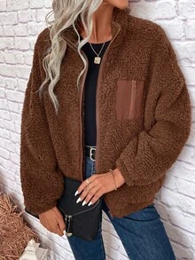 SHEIN LUNE Zip Up Drop Shoulder Teddy Jacket In Fall/Winter,Casual - Brown - View 7