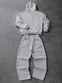 SHEIN 青少年女孩字母印花拉鍊連帽外套與運動長褲休閒套裝 - 灰色 - 查看 2