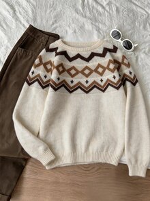 FavEase Women's Autumn/Winter Casual Cute Maple Leaf Fair Isle Pattern Crew Neck Knit Sweater - Multicolor - View 5