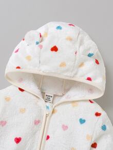 SHEIN Baby Girl Knit Solid Color Faux Fur Colorful Heart Pattern Hooded Casual Jacket And Long Pants 2 Pieces Set - Multicolor - View 9
