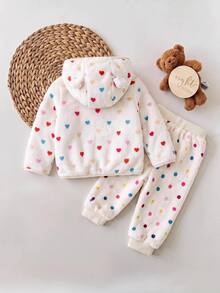SHEIN Baby Girl Knit Solid Color Faux Fur Colorful Heart Pattern Hooded Casual Jacket And Long Pants 2 Pieces Set - Multicolor - View 2