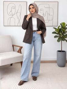 Solavon Plus Size Elegant Button Long Sleeve Blazer - Coffee Brown - View 5