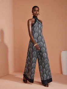 JIAN LASALA Knit Halter Neckline Sleeveless Contrast Band Elegant Long Jumpsuit Vacation Causal - Multicolor - View 5