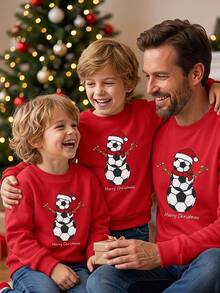 SHEIN Young Boy Casual Comfortable Versatile Cute Football Print Pattern Crew Neck Sweatshirt - Red - View 1