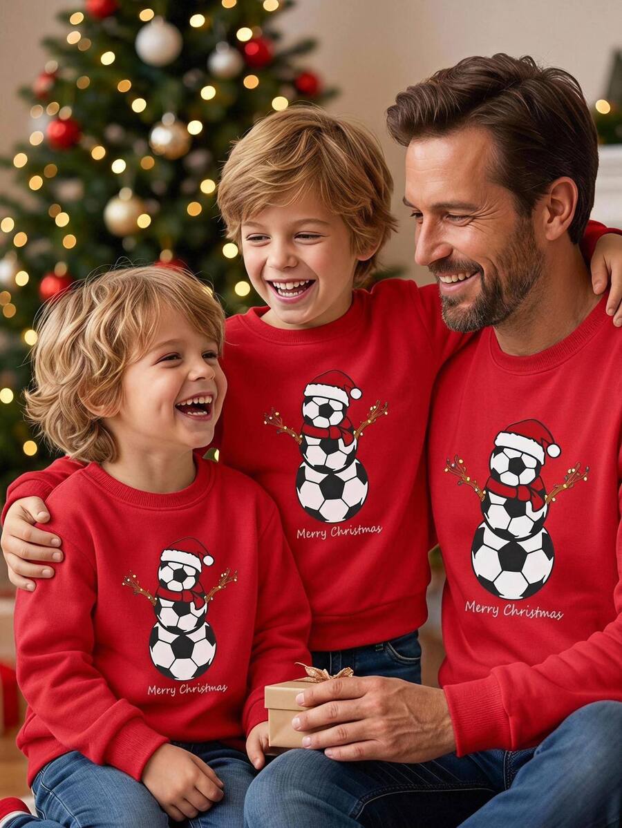 SHEIN Young Boy Casual Comfortable Versatile Cute Football Print Pattern Crew Neck Sweatshirt - Red - View 1
