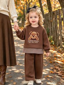 SHEIN Playful Pals Baby Girls Teddy Bear Print Striped Ruffle Hem Sweatshirt & Straight Pants 2Pcs Outfit Set - Coffee Brown - View 3
