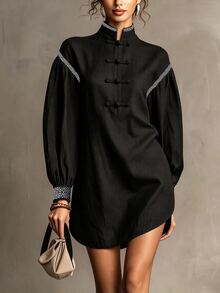 LUMIGAL Women's Long Sleeve Casual Dress With Frog Button Placket - Black - View 1