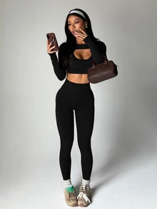 Dewbera Dewbera Women's Solid Color Long Sleeve Top + Camisole + High Waist Pants Sports Suit - Black - View 3