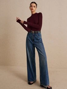 Poéselle Women High Stretch Knit 100 Cotton Turtleneck T-Shirt Solid Basic Layering Top Versatile Four Season Back To School Wardrobe Staple Everyday - Burgundy - View 5