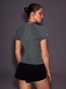 Powerista 女款字母印花插肩袖短袖運動機能上衣 T-shirt 無縫健身訓練跑步休閒健身房露背運動休閒外穿上衣 - 灰色 - 查看 2