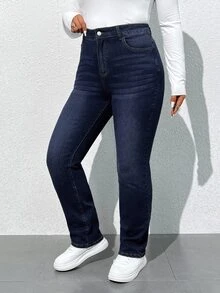 SHEIN ICON Plus Size High Waist Water Wash Jeans - Dark Wash - View 1