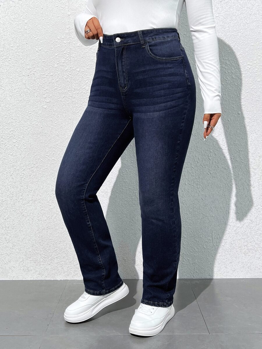 SHEIN ICON Plus Size High Waist Water Wash Jeans - Dark Wash - View 1