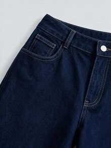 SHEIN ICON 大尺碼女款休閒百搭牛仔長褲，附口袋與鈕扣，世界盃、日、海灘、Y2K、返校季，深色水洗夏季日常穿著 - 深色水洗藍 - 查看 6
