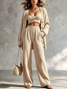 RosyDaze Women's Solid Color Long Sleeve Single-Breasted Knit Cardigan Cropped Tank Top And Long Sleeve Casual Set - Khaki - View 8