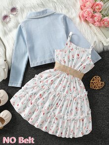 SHEIN 女童時尚領口長袖外套＋彈性腰 A 字層次花卉印花細肩帶洋裝 2 件套，休閒日常秋季 7 歲生日 白色 - 藍色 - 查看 2