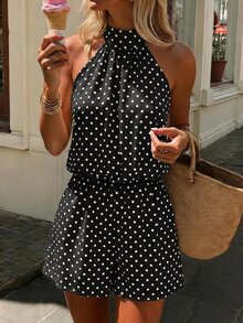 KARISMINA 女款法式度假風波點印花抓皺腰掛脖綁帶連身褲，棕色與白色波點，夏季休閒復古早午餐風 - 黑與白 - 查看 8