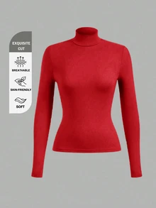 SHEIN BASICS 女款奶油白色立領上衣，修身剪裁，長袖，假領，秋季女款，適合辦公室日常，極簡基本款，優雅端莊 - 紅色 - 查看 7