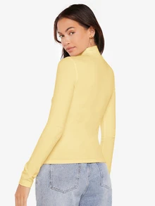 SHEIN BASICS 女款純色長袖高領羅紋針織修身T恤上衣 白色 辦公室秋季基礎休閒款 - 淡黃色 - 查看 2
