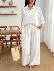 Enliva 大尺碼女款棕色亞麻兩件套 3/4 袖鈕扣襯衫寬腿褲休閒商務休閒套裝居家早午餐夏季穿搭 - 白色 - 查看 3