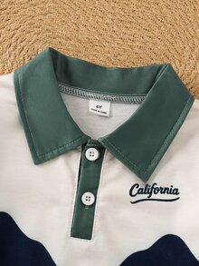 SHEIN 男童休閒不對稱條紋印花 POLO 領長袖衛衣，休閒學院風 POLO 衫，半開襟長袖可愛衛衣，柔軟舒適面料，適合秋冬穿著，男童日常穿搭理想選擇 - 綠色 - 查看 4