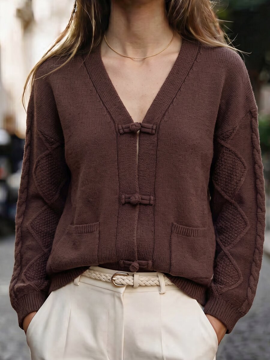 SHEIN New Chinese Style Loose Slouchy V-Neck Frog Button Knit Cardigan - Coffee Brown - View 1