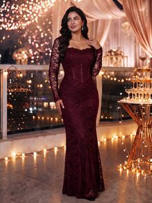 Auveirra Plus Size Elegant Romantic Party Formal Wedding Lace Mermaid Dress Fall Christmas - Burgundy - View 4