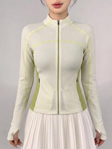 DAZY Women's Striped Colorblock Zip-Up Long Sleeve Sports Jacket - Beige - View 3