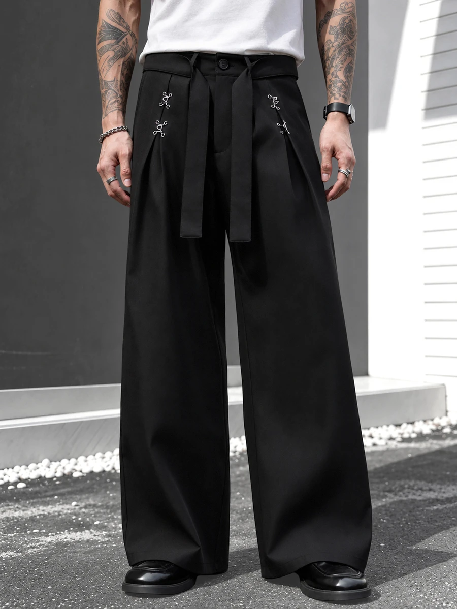 SLATEMANN Men's Casual Button Pleated Pants For Vacation And Travel - Black - View 1