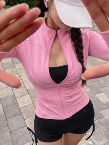 DAZY 女款純色彈性小立領修身長袖夾克，運動休閒，春秋款 - 粉色 - 查看 3