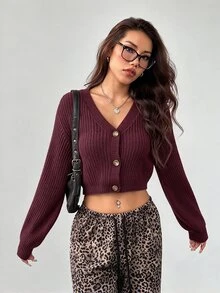 SHEIN PETITE White Lantern Sleeve Button Front Rib Knit Cardigan Open Shoulder Sweater In Autumn Petite Women Date Day Everyday Going Out Daily Wear Casual Sexy - Red Violet - View 3