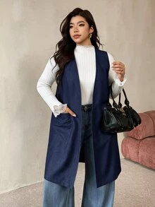 Auralis 大尺碼女款純色口袋休閒百搭日常穿著夾克 優雅辦公商務工作 秋季卡其色 - 藏蓝色 - 查看 6